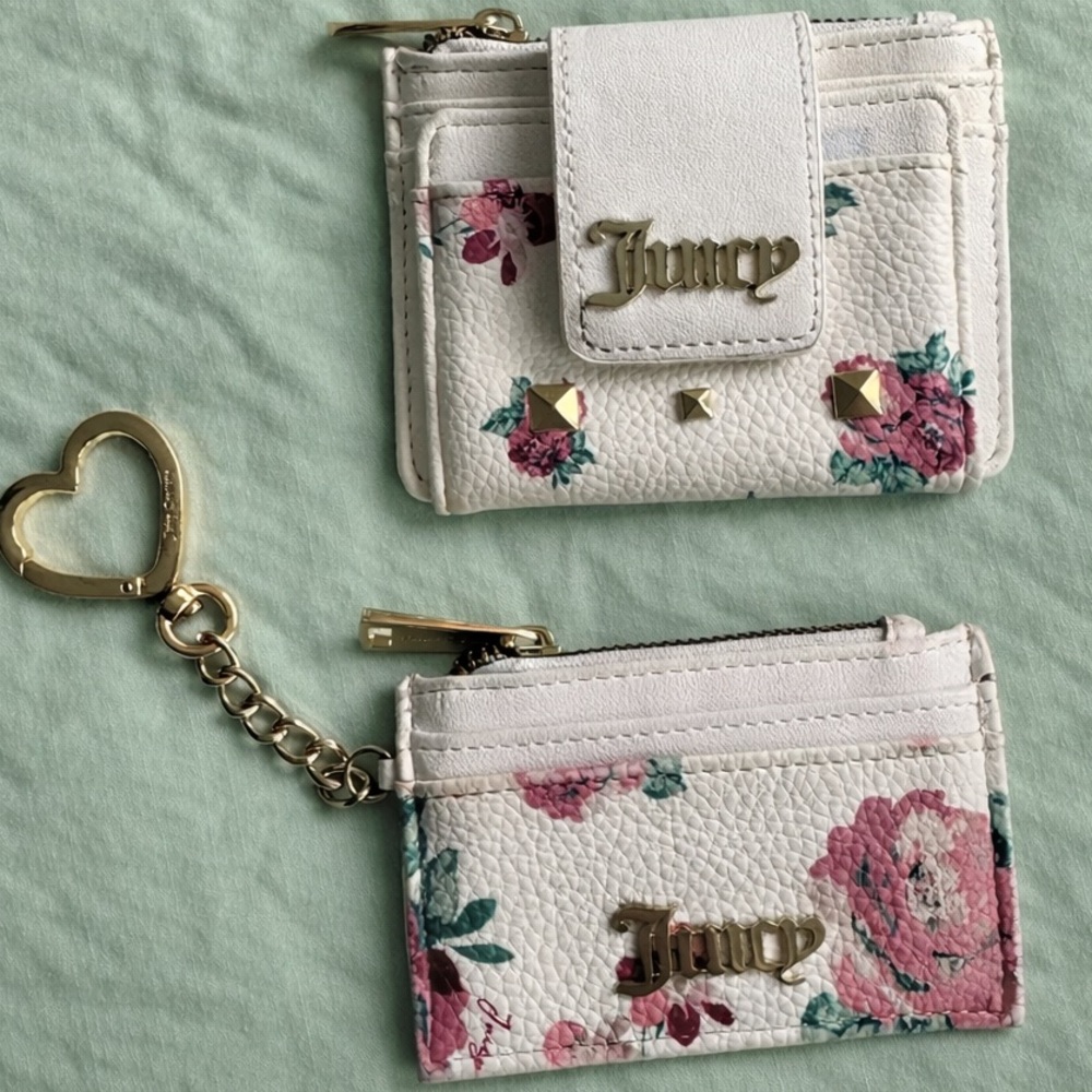 Juicy Couture white rose studded mini wallet card holder set